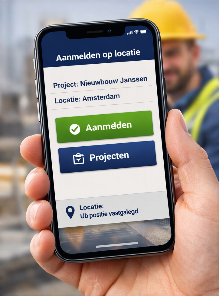 Digitale prikklok in de urenregistratie app voor aannemers – medewerker meldt zich aan op locatie